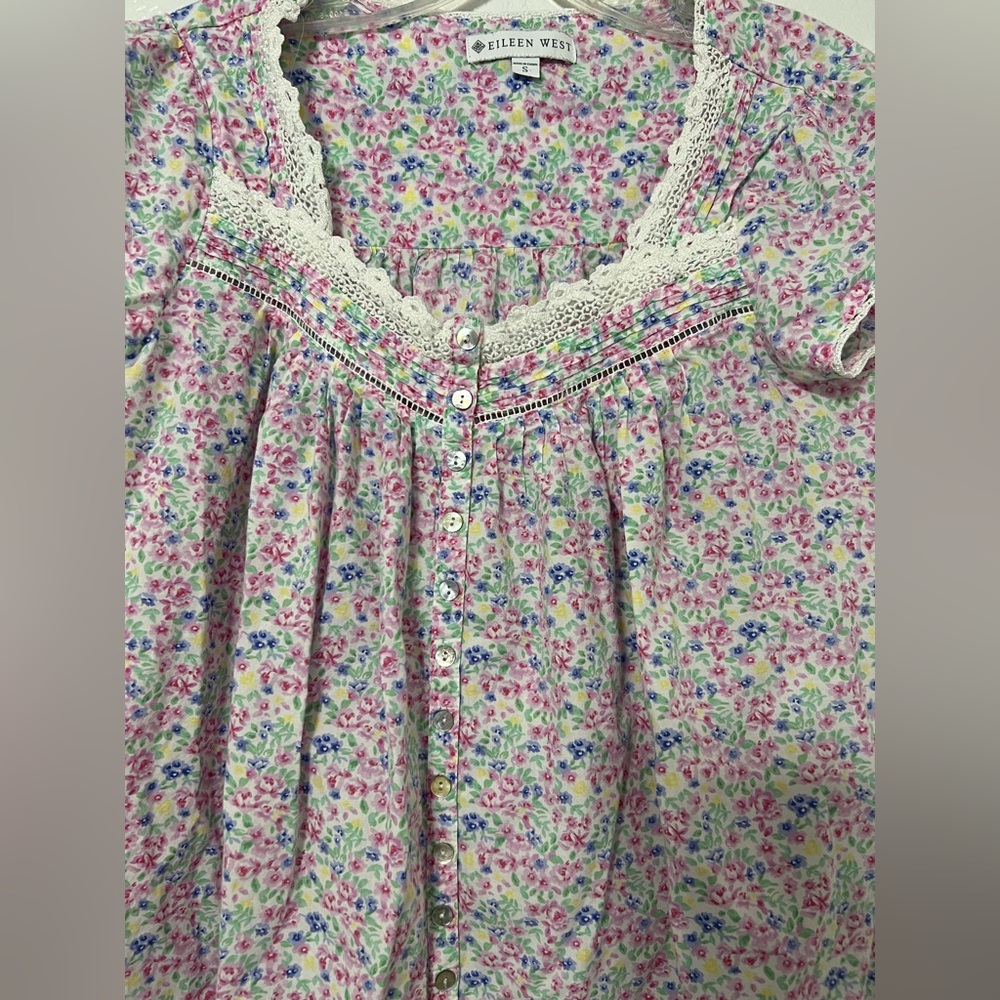 Eileen West Floral Cotton Nightgown Dress Cottagecore Prairie Lace Trim Size S - Picture 3 of 5